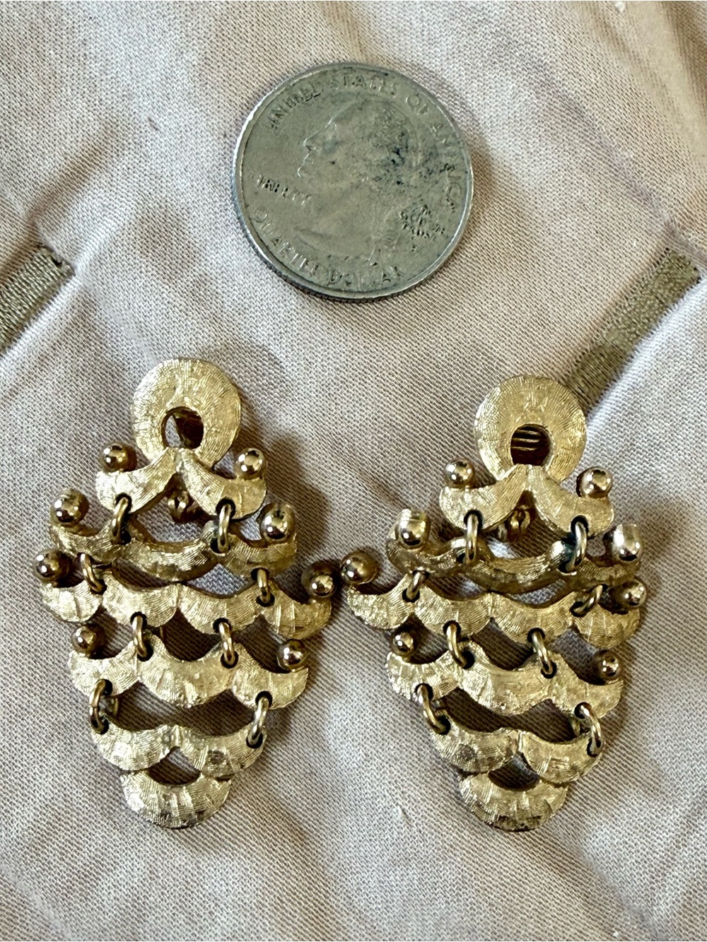 Vintage MCM Gold-tone tiered fan-shaped clip-on earrings with beaded accents